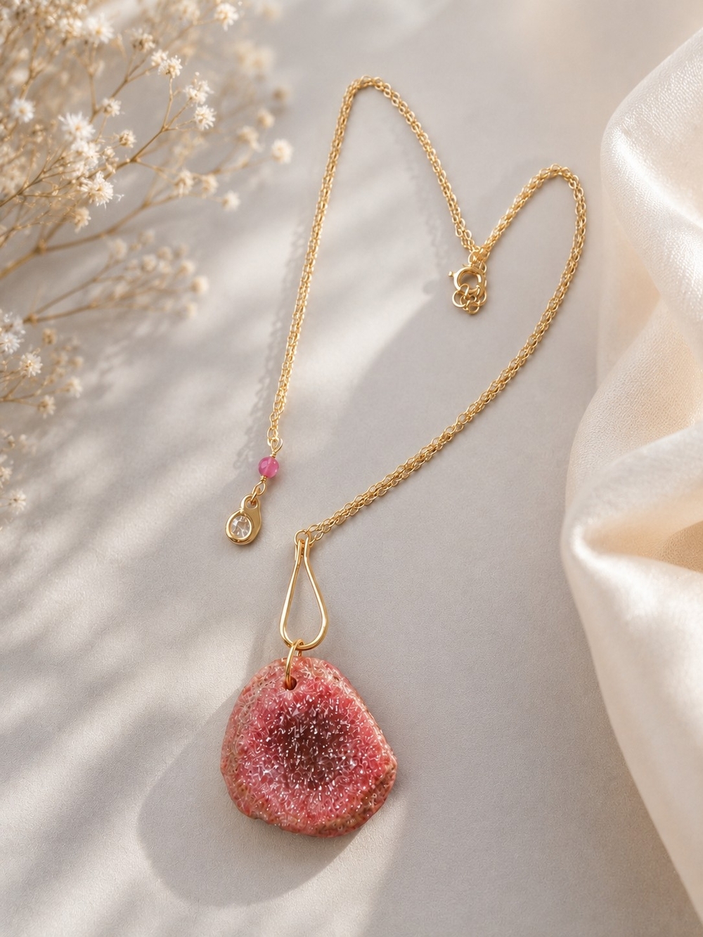 Gold Necklace with Pink Druzy Pendant